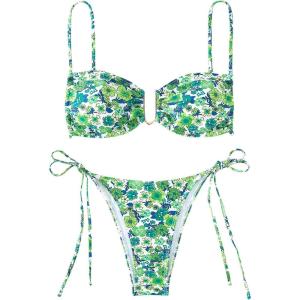 imageSOLY HUX Bikini Sets for Women Floral Print Tie Side Bathing Suits Two Piece SwimsuitGreen Floral