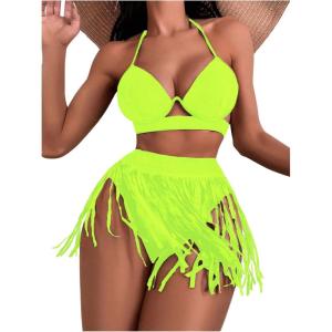 imageSOLY HUX Bikini Sets for Women Fringe Hem Push Up Halter Swimsuit Two Piece Bathing SuitsSolid Lime Green