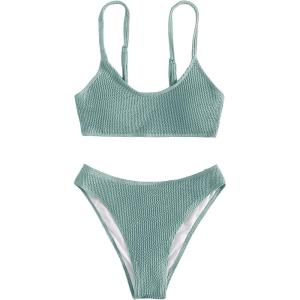 imageSOLY HUX Bikini Sets for Women Solid Textured Bikini Bathing Suits 2 Piece SwimsuitPlain Mint Green
