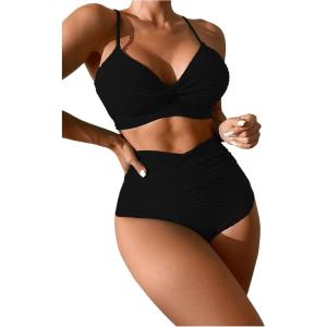 imageSOLY HUX Bikini Sets for Women Twist Front High Waisted Swimsuit Two Piece Bathing SuitsSolid Black