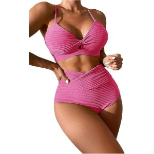 imageSOLY HUX Bikini Sets for Women Twist Front High Waisted Swimsuit Two Piece Bathing SuitsSolid Hotpink