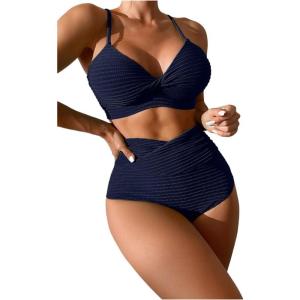imageSOLY HUX Bikini Sets for Women Twist Front High Waisted Swimsuit Two Piece Bathing SuitsSolid Navy Blue