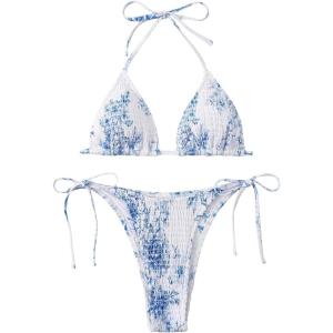 imageSOLY HUX Womens 2 Piece Bikini Set Halter String Triangle Tie Side Swimsuit Bathing SuitsBlue and White Floral