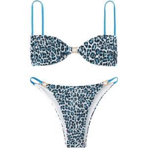 imageSOLY HUX Womens Bikini Sets Two Piece Leopard Print Swimsuit High Cut Spaghetti Straps Bathing SuitBlue Leopard