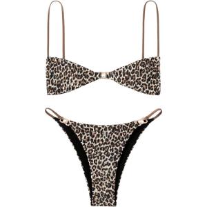 imageSOLY HUX Womens Bikini Sets Two Piece Leopard Print Swimsuit High Cut Spaghetti Straps Bathing SuitBrown Leopard