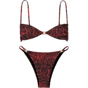 imageSOLY HUX Womens Bikini Sets Two Piece Leopard Print Swimsuit High Cut Spaghetti Straps Bathing SuitRed Leopard