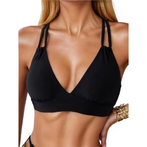 imageSOLY HUX Womens Bikini Tops V Neck Criss Cross Back Spaghetti Strap Padded Bathing Suit Swim Top OnlySolid Black