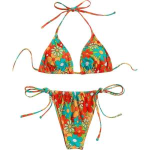 imageSOLY HUX Womens Floral Print 2 Piece Swimsuits Bikini Set Halter Triangle Swimwear Sexy Bathing SuitMulticolor