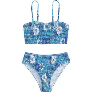 imageSOLY HUX Womens Floral Print Smocked Bikini Set 2 Piece Swimsuit Bathing SuitsBlue Floral