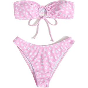 imageSOLY HUX Womens Floral Print Tie Front Bandeau Bikini Bathing Suit 2 Piece SwimsuitsPink