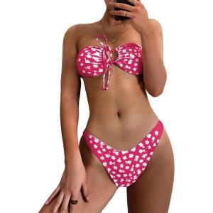 imageSOLY HUX Womens Floral Print Tie Front Bandeau Bikini Bathing Suit 2 Piece SwimsuitsRed Floral