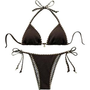 imageSOLY HUX Womens Halter Tie Side Bikini Set High Cut Triangle Textured Swimsuit 2 Piece Bathing SuitCoffee Brown