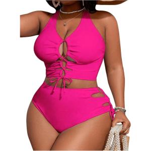 imageSOLY HUX Womens Plus Size Bikini Set Sexy Swimsuit Lace Up Tummy Control 2 Piece Bathing SuitHot Pink