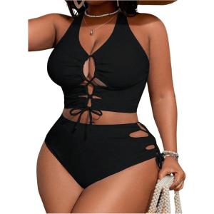 imageSOLY HUX Womens Plus Size Bikini Set Sexy Swimsuit Lace Up Tummy Control 2 Piece Bathing SuitPlain Black