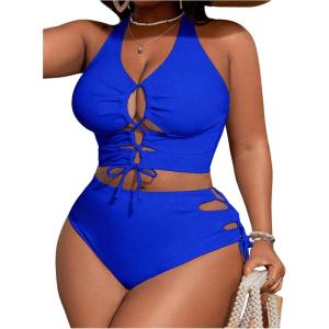 imageSOLY HUX Womens Plus Size Bikini Set Sexy Swimsuit Lace Up Tummy Control 2 Piece Bathing SuitRoyal Blue