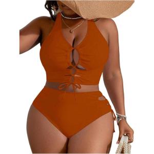 imageSOLY HUX Womens Plus Size Bikini Set Sexy Swimsuit Lace Up Tummy Control 2 Piece Bathing SuitSolid Bronze