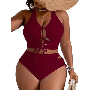 imageSOLY HUX Womens Plus Size Bikini Set Sexy Swimsuit Lace Up Tummy Control 2 Piece Bathing SuitSolid Burgundy