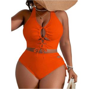 imageSOLY HUX Womens Plus Size Bikini Set Sexy Swimsuit Lace Up Tummy Control 2 Piece Bathing SuitSolid Orange