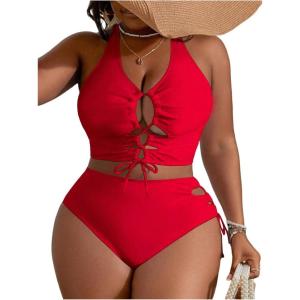 imageSOLY HUX Womens Plus Size Bikini Set Sexy Swimsuit Lace Up Tummy Control 2 Piece Bathing SuitSolid Red