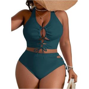 imageSOLY HUX Womens Plus Size Bikini Set Sexy Swimsuit Lace Up Tummy Control 2 Piece Bathing SuitTeal Blue