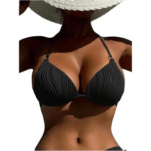 imageSOLY HUX Womens Textured Push Up Bikini Top Halter Tie Backless Bathing Suit Tops Cheeky SwimsuitsPlain Black