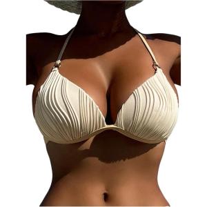 imageSOLY HUX Womens Textured Push Up Bikini Top Halter Tie Backless Bathing Suit Tops Cheeky SwimsuitsSolid Beige