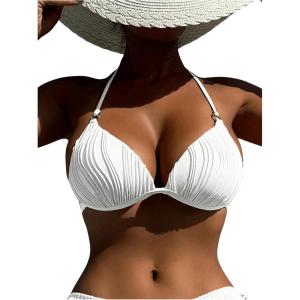 imageSOLY HUX Womens Textured Push Up Bikini Top Halter Tie Backless Bathing Suit Tops Cheeky SwimsuitsSolid White