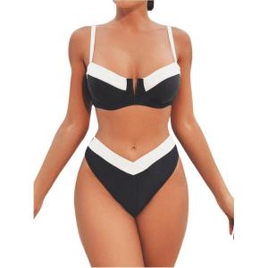 imageSOLY HUX Womens Two Piece Bathing Suit Color Block High Cut Swimsuit Bikini SetsBlack and White Colorblock