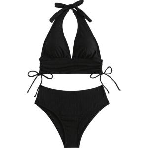 imageSOLY HUX Womens Two Piece Swimsuit Halter Drawstring Side Bathing Suit Bikini Sets Plain Black Small