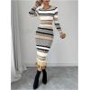 imageSOLY HUX Womens Colorblock Striped Bodycon Knitted Sweater Dress Ruffle Long Sleeve Midi DressBronze Striped