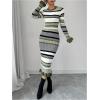 imageSOLY HUX Womens Colorblock Striped Bodycon Knitted Sweater Dress Ruffle Long Sleeve Midi DressGreen Striped