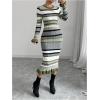 imageSOLY HUX Womens Colorblock Striped Bodycon Knitted Sweater Dress Ruffle Long Sleeve Midi DressGreen Striped