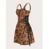 imageSOLY HUX Womens Gothic Zipper Bodycon Mini Dress Skull Print Tie Up Sleeveless Mini DressesBrown Graphic