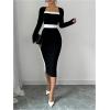 imageSOLY HUX Womens Midi Dress Color Block Square Neck Long Sleeve Bodycon DressesBlack and White