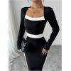 imageSOLY HUX Womens Midi Dress Color Block Square Neck Long Sleeve Bodycon DressesBlack and White