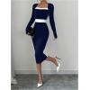 imageSOLY HUX Womens Midi Dress Color Block Square Neck Long Sleeve Bodycon DressesDark Blue and White