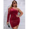 imageSOLY HUX Womens Plus Size One Shoulder Sexy Bodycon Formal Dress Long Sleeve Ruched Wrap Velvet Party DressBurgundy