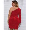 imageSOLY HUX Womens Plus Size One Shoulder Sexy Bodycon Formal Dress Long Sleeve Ruched Wrap Velvet Party DressRed