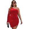 imageSOLY HUX Womens Plus Size One Shoulder Sexy Bodycon Formal Dress Long Sleeve Ruched Wrap Velvet Party DressRed
