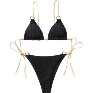 imageSOLY HUX Bikini Sets for Women 2 Piece Swimsuits Sexy High Cut Bathing Suit Spaghetti Strap Triangle String BikiniBlack Plain