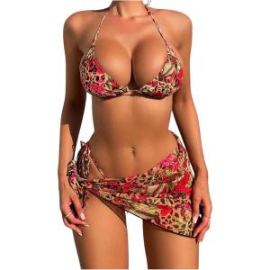 imageSOLY HUX Bikini Sets for Women 3 Piece Floral Print Halter Triangle Swimsuit Bathing Suit with Beach SkirtMulticoloured Leopard