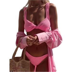 imageSOLY HUX Bikini Sets for Women Twist Front Swimsuit Two Piece Bathing SuitsSolid Watermelon Pink