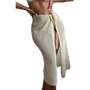 imageSOLY HUX Swim Cover Ups for Women Hollow Out Wrap Tie Side Crochet Sarongs Cover Up Skirt Beach Bikini SwimwearPure Beige