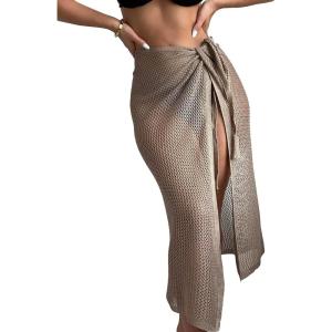 imageSOLY HUX Swim Cover Ups for Women Hollow Out Wrap Tie Side Crochet Sarongs Cover Up Skirt Beach Bikini SwimwearSolid Mocha Brown