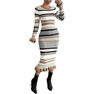 imageSOLY HUX Womens Colorblock Striped Bodycon Knitted Sweater Dress Ruffle Long Sleeve Midi DressBronze Striped