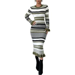 imageSOLY HUX Womens Colorblock Striped Bodycon Knitted Sweater Dress Ruffle Long Sleeve Midi DressGreen Striped