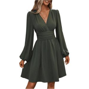 imageSOLY HUX Womens Elegant Dress V Neck Long Sleeve High Waist Swing Prom Cocktail Short DressesArmy Green
