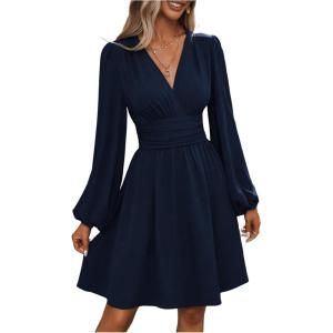 imageSOLY HUX Womens Elegant Dress V Neck Long Sleeve High Waist Swing Prom Cocktail Short DressesDark Blue