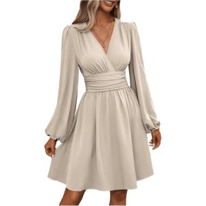 imageSOLY HUX Womens Elegant Dress V Neck Long Sleeve High Waist Swing Prom Cocktail Short DressesPure Apricot