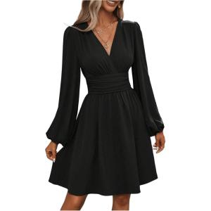 imageSOLY HUX Womens Elegant Dress V Neck Long Sleeve High Waist Swing Prom Cocktail Short DressesPure Black